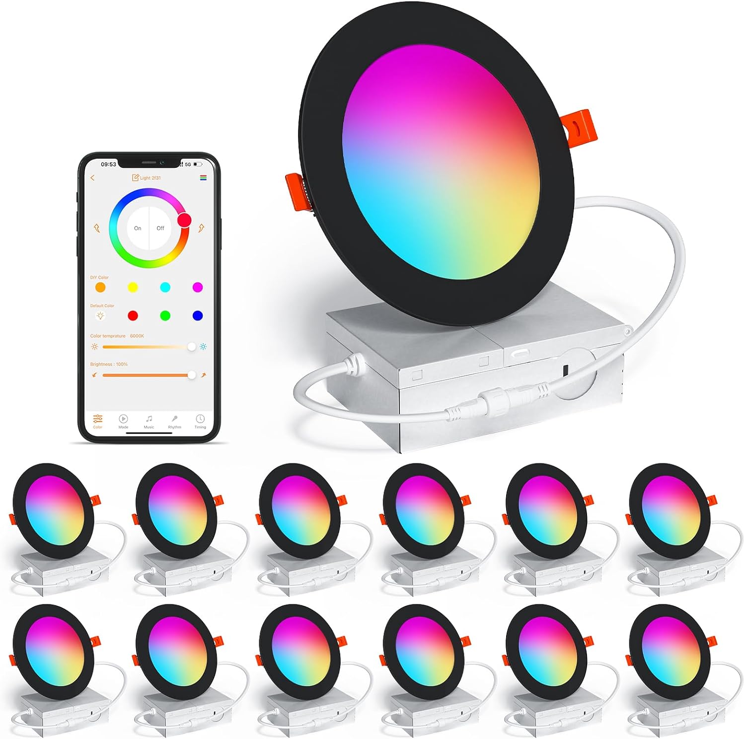 Smart Recessed Lighting 4 Inch RGBCW Color Changing 12W LED Downlight with Junction Box,1080 Lumen Recessed Ceiling Light Compatible with Alexa,Dimmable by Bluetooth Control -12Pack