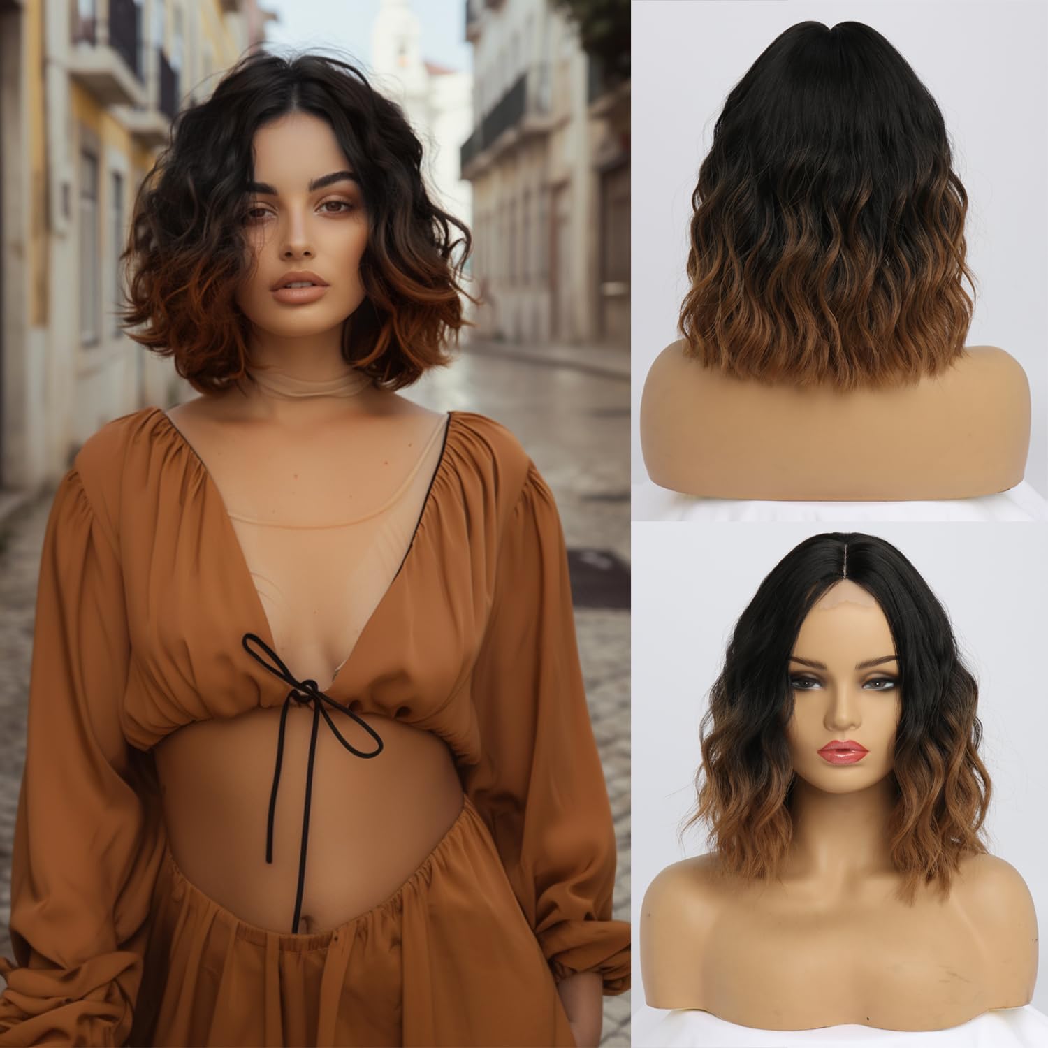 Short Blonde Wavy Wig for Women 14 Inch Shoulder Length Middle Part Curly Wavy Bob Human Hair Wigs