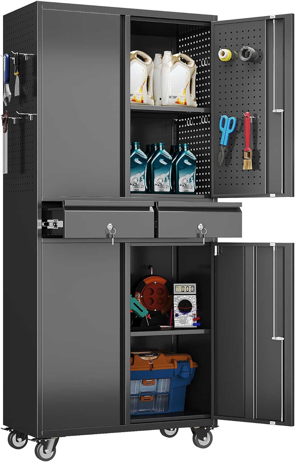 Metal Storage Cabinet with Pegboard 71'' x 34'' x 18'',Lockable Steel Storage Cabinet with 5 Adjustable Shelves and Door for Garage, Office, Kitchen, Assembly Required(Black)