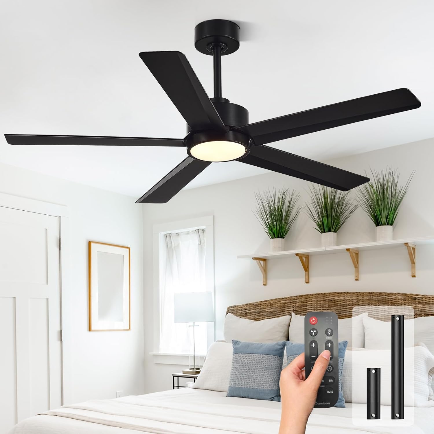 Modern Ceiling Fans with Lights, 72 Inch Ceiling Fan with Light and Remote, Bedroom Living Room Library Cafe Outdoor/Industrial,24W 3CCT Dimmable, 8 Blades 6 Speed Reversible Quiet DC Motor, Black