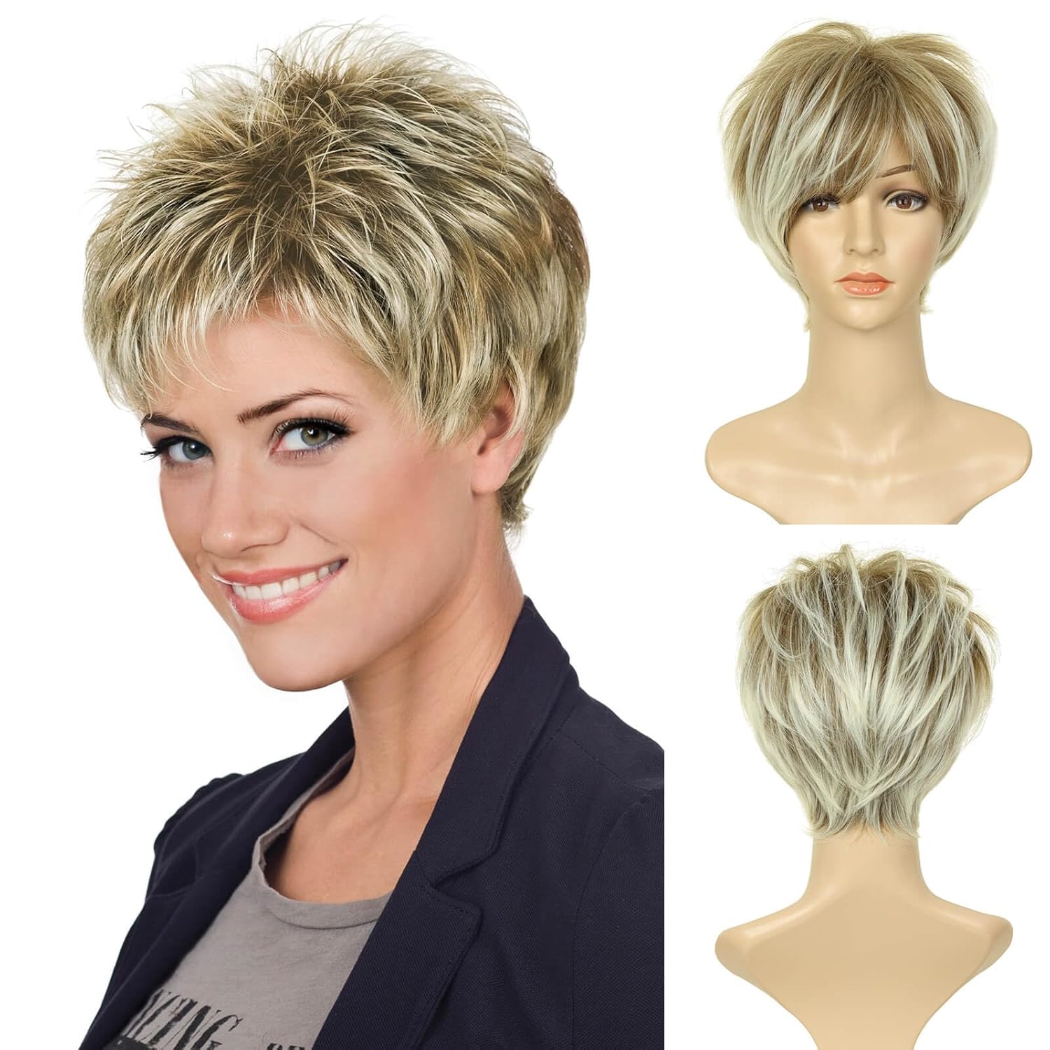 Short Curly Gray Pixie Wigs with Bangs Layered Short Wigs