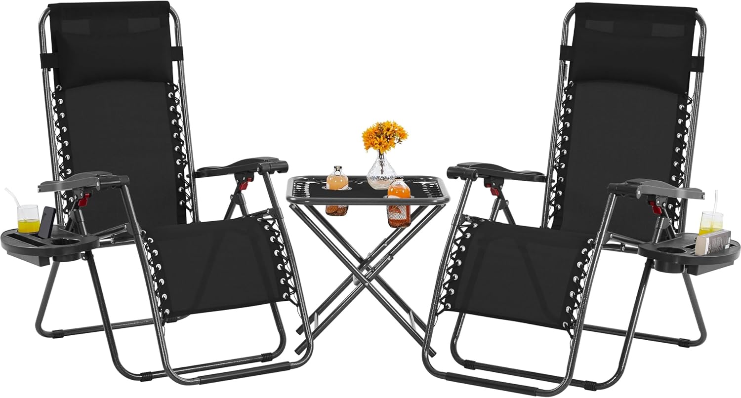 Yaheetech 3PCS Zero Gravity Recliner Portable Outdoor Reclining Chair Set w/Side Table Folding Chaise Lounge Chairs for Patio Beach Deck Garden Pool Beige