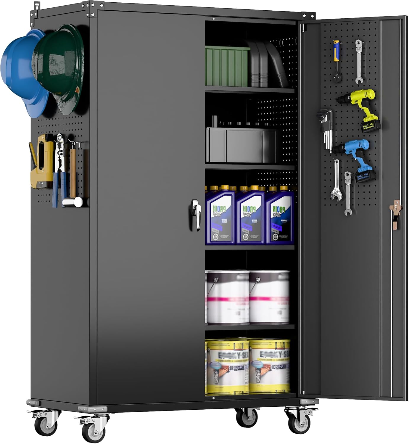 Metal Storage Cabinet with Pegboard 71'' x 34'' x 18'',Lockable Steel Storage Cabinet with 5 Adjustable Shelves and Door for Garage, Office, Kitchen, Assembly Required(Black)