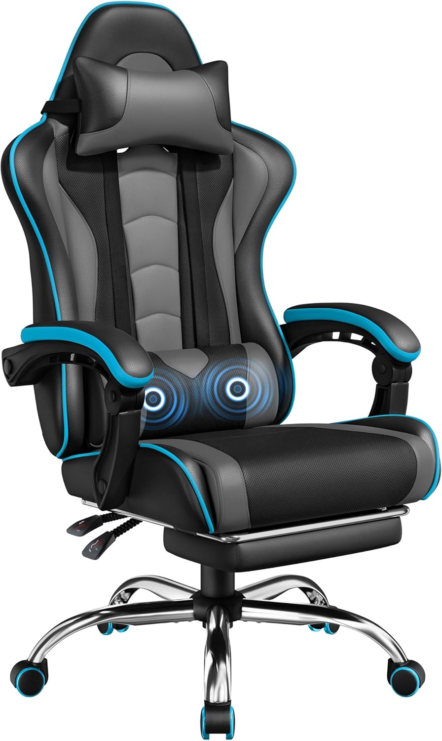 Yaheetech Gaming Chair, Video Game Chair with Massage Lumbar Support and Footrest Height Adjustable Ergonomic Computer Gaming Chair with Swivel Seat and Headrest, Black/White