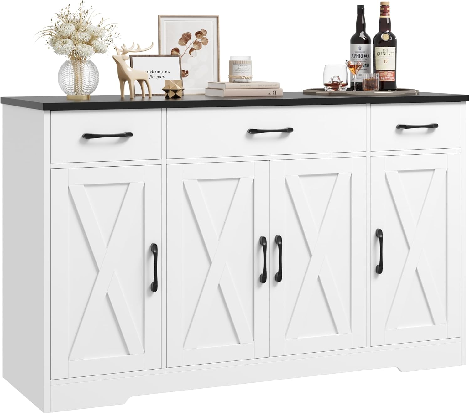 HOSTACK Buffet Cabinet with Drawers, 55" Large Sideboard Buffet Storage Cabinet with Shelves and Doors, Modern Farmhouse Coffee Bar Station Wood Kitchen Table for Kitchen, Dining Room, White/Rustic