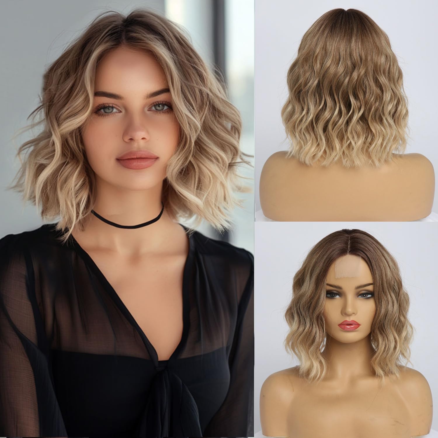 Short Blonde Wavy Wig for Women 14 Inch Shoulder Length Middle Part Curly Wavy Bob Human Hair Wigs