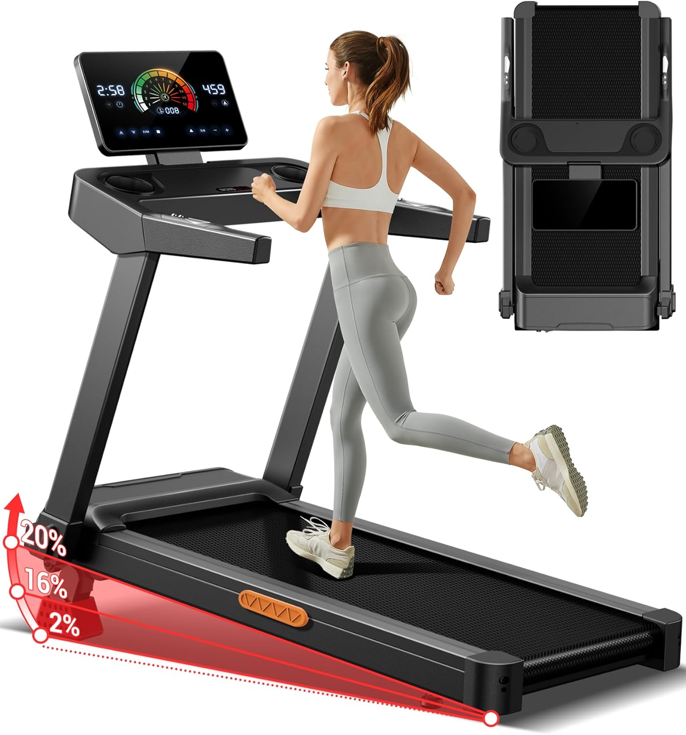 UMAY Fitness Home Folding Incline Treadmill with Pulse Sensors, 3.0 HP Quiet Brushless, 300 lbs Capacity (Black or Gray)