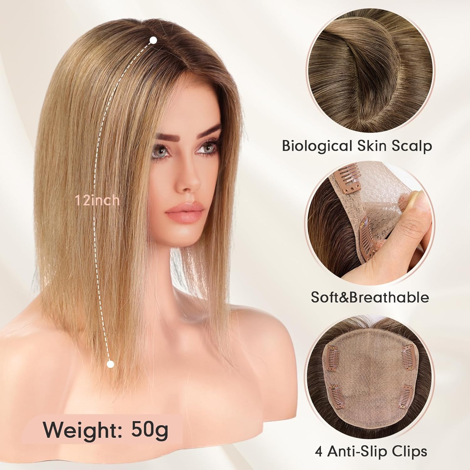 Hair Toppers for Women Real Human Hair 5"*5.5"Large Coverage Brown with Blond Highlight Hair Topper No Bangs - Wigtrends