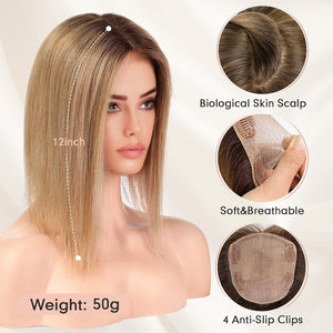 Hair Toppers for Women Real Human Hair 5"*5.5"Large Coverage Brown with Blond Highlight Hair Topper No Bangs - Wigtrends