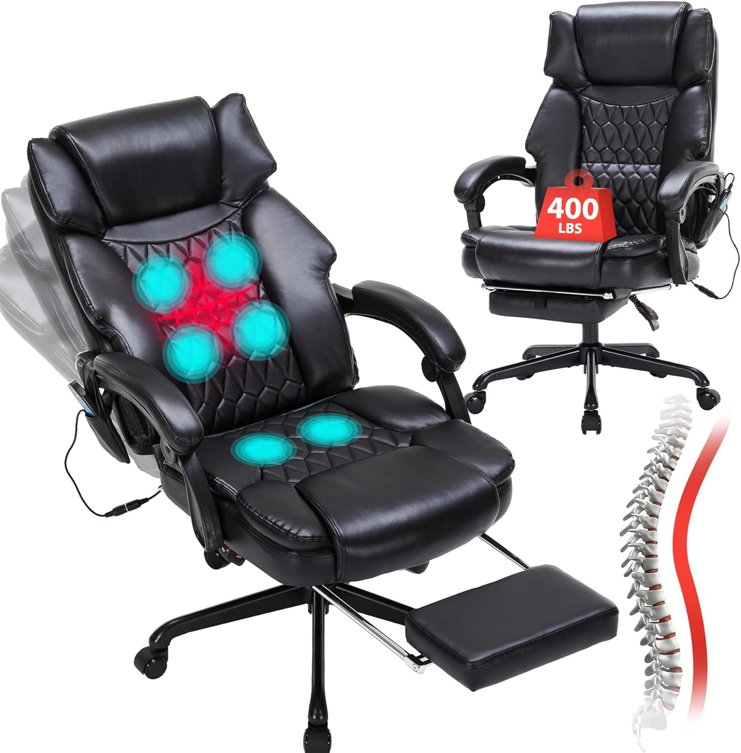 Massage Office Chair with Foot Rest 6 Points Vibration and Heat Home Office Desk Chairs for Heavy People 400lbs Reclining Managerial Chairs Ergonomic Executive Chair (Cream)