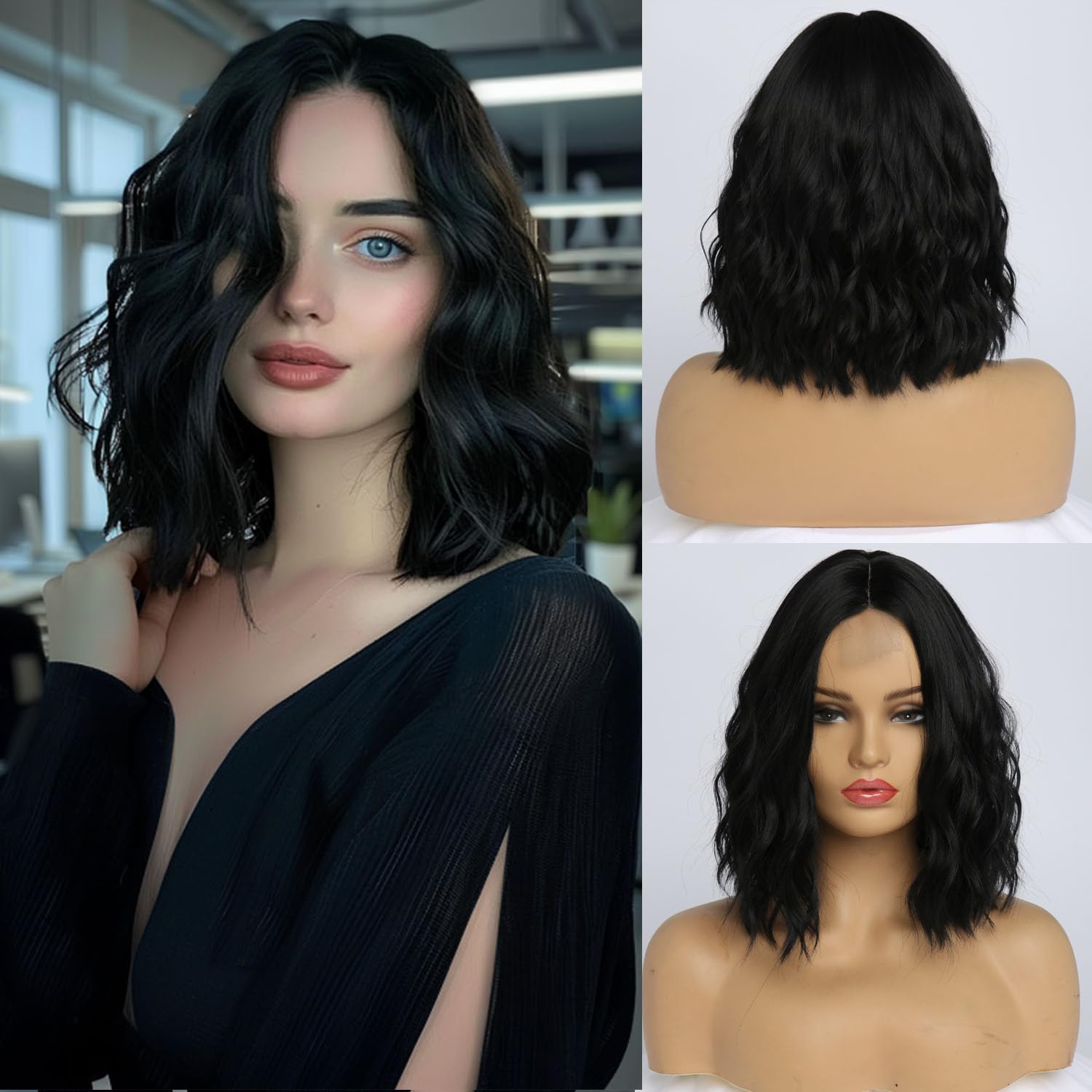 Short Blonde Wavy Wig for Women 14 Inch Shoulder Length Middle Part Curly Wavy Bob Human Hair Wigs