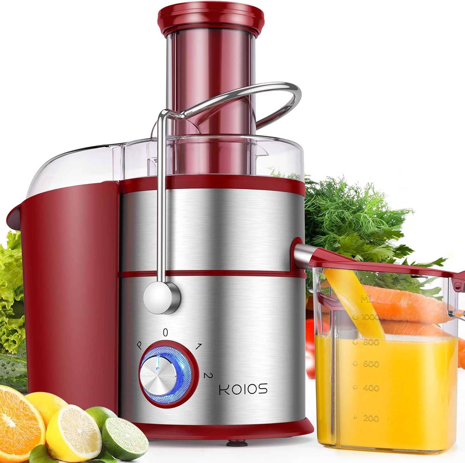 1300W KOIOS Centrifugal Juicer Machines, Juice Extractor with Extra Large 3inch Feed Chute, Full Copper Motor, Titanium-Plated Filter, High Juice Yield, 3 Speeds Mode,Easy to Clean with Brush,BPA-Free