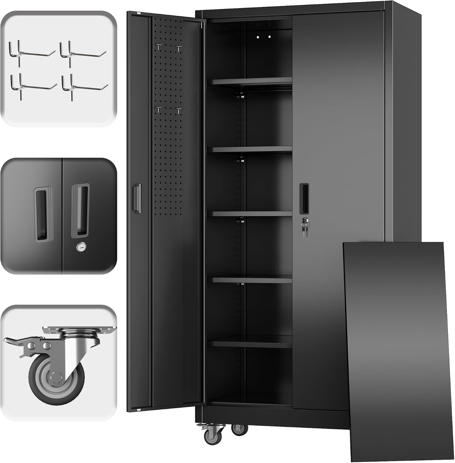 Metal Storage Cabinet with Pegboard 71'' x 34'' x 18'',Lockable Steel Storage Cabinet with 5 Adjustable Shelves and Door for Garage, Office, Kitchen, Assembly Required(Black)