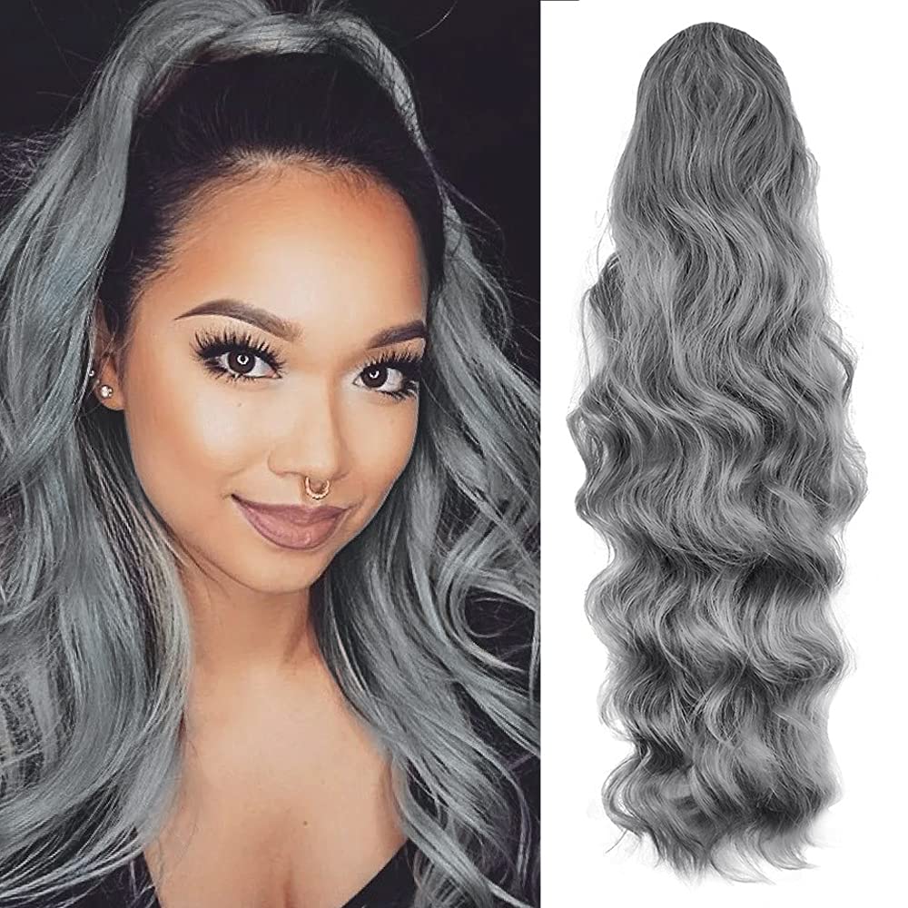Body Wave Ponytail hair Extension Human Hair Wigs Wrap Around Drawstring Curly Wavy Ponytail Hairpieces(Silver Grey)