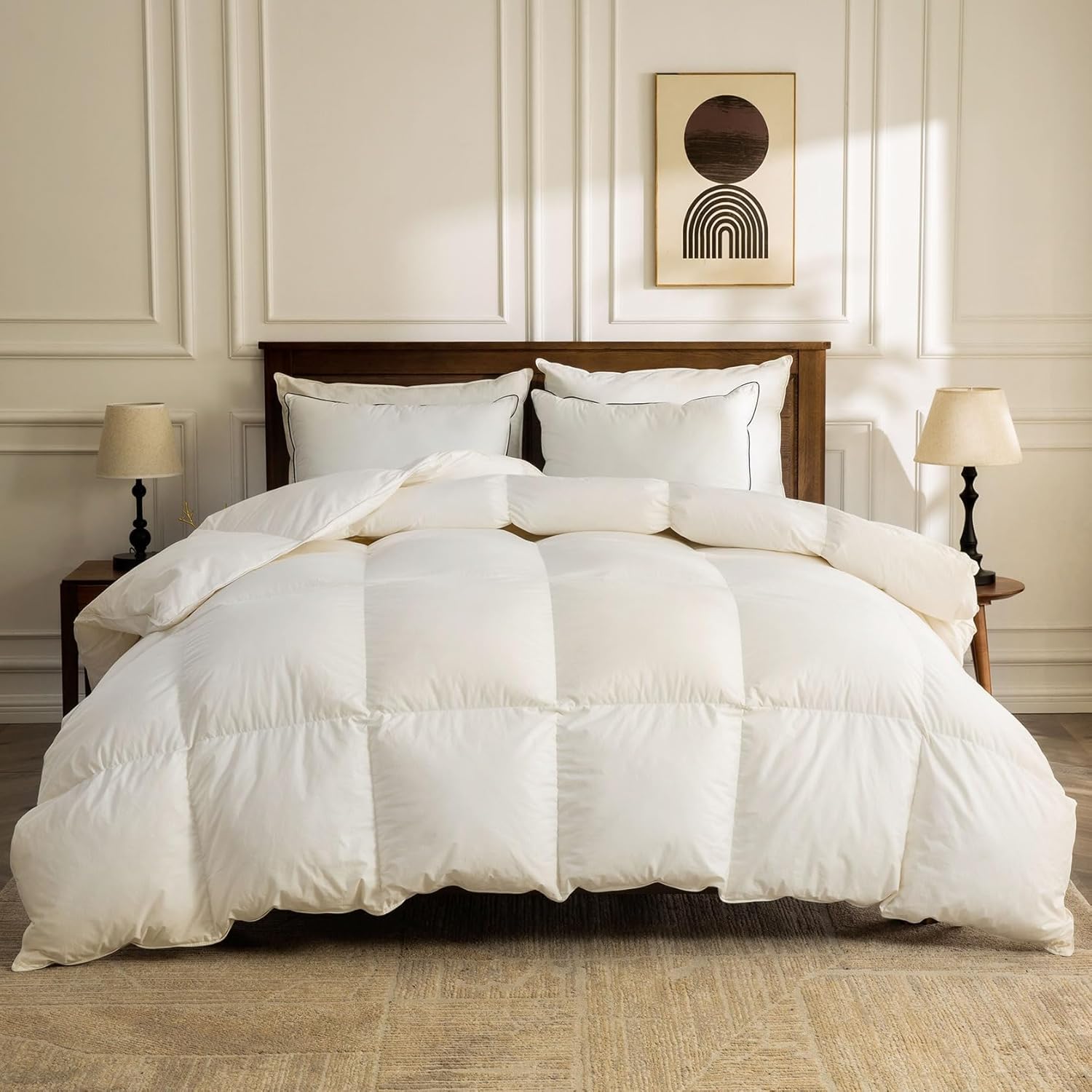 BPC Organic Feather Down Comforter Queen Size, Fluffy Duvet Insert for All-Season with 100% Cotton Cover and Puffy Feather Down Filling, Ivory White, 90x90 Inches