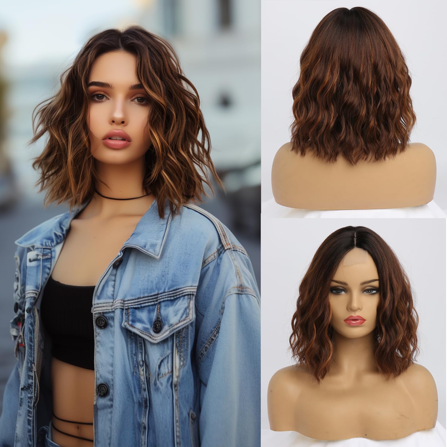 Short Blonde Wavy Wig for Women 14 Inch Shoulder Length Middle Part Curly Wavy Bob Human Hair Wigs
