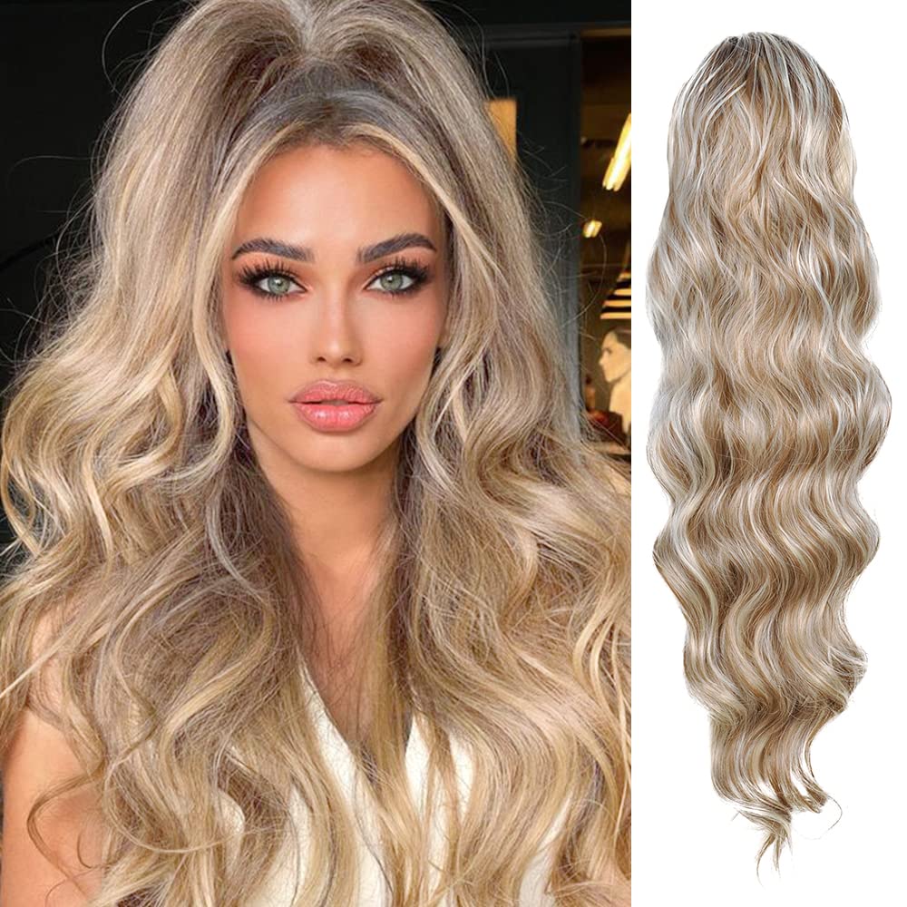 Body Wave Ponytail hair Extension Human Hair Wigs Wrap Around Drawstring Curly Wavy Ponytail Hairpieces(Silver Grey)