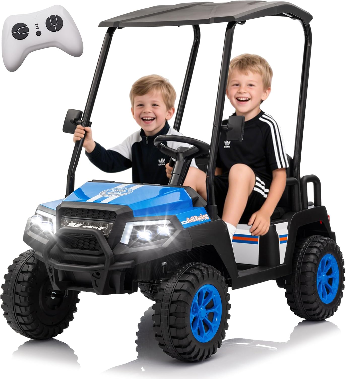 24V 7AH Kids Golf Cart, 4 Seats, Ride on Toys w/Remote Control, Detachable Awning, 4-Wheel Spring Suspension, Bluetooth, Led Lights, Music, Power Display, Power Wheels for Big Kids (Blue)