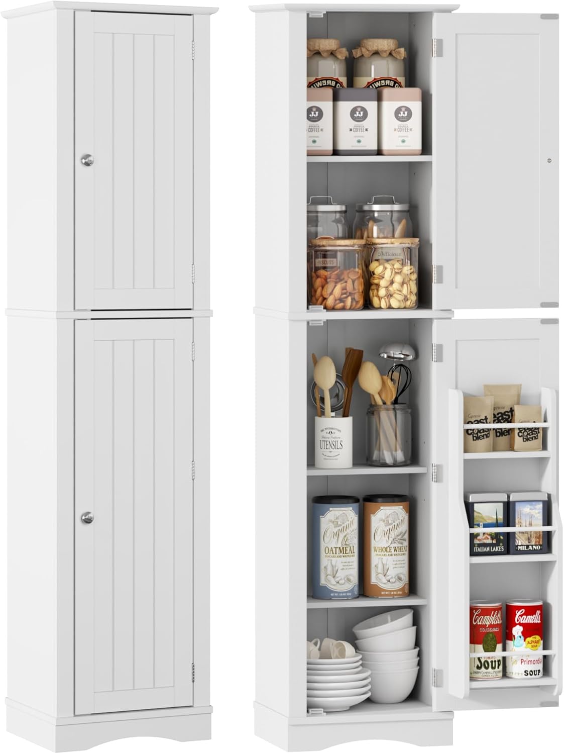 Function Home Tall Pantry Cabinet, Freestanding Storage Cabinet, Wooden Kitchen Pantry with 4 Doors and 5 Shelves, 72" Floor Cabinet Organizer for Kitchen Living Room Bathroom, Grey