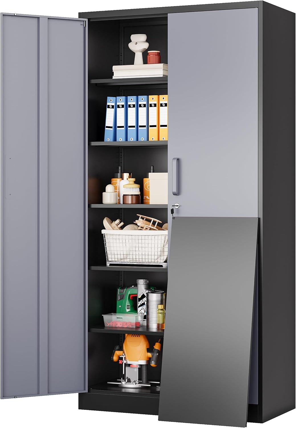Metal Storage Cabinet with 2 Doors and 6 Shelves,Black Metal Cabinet with Lock,71" Lockable Garage Storage Cabinets,Locking File Cabinet,Steel Tool Cabinets for Home,Office,Garage,Shop,School