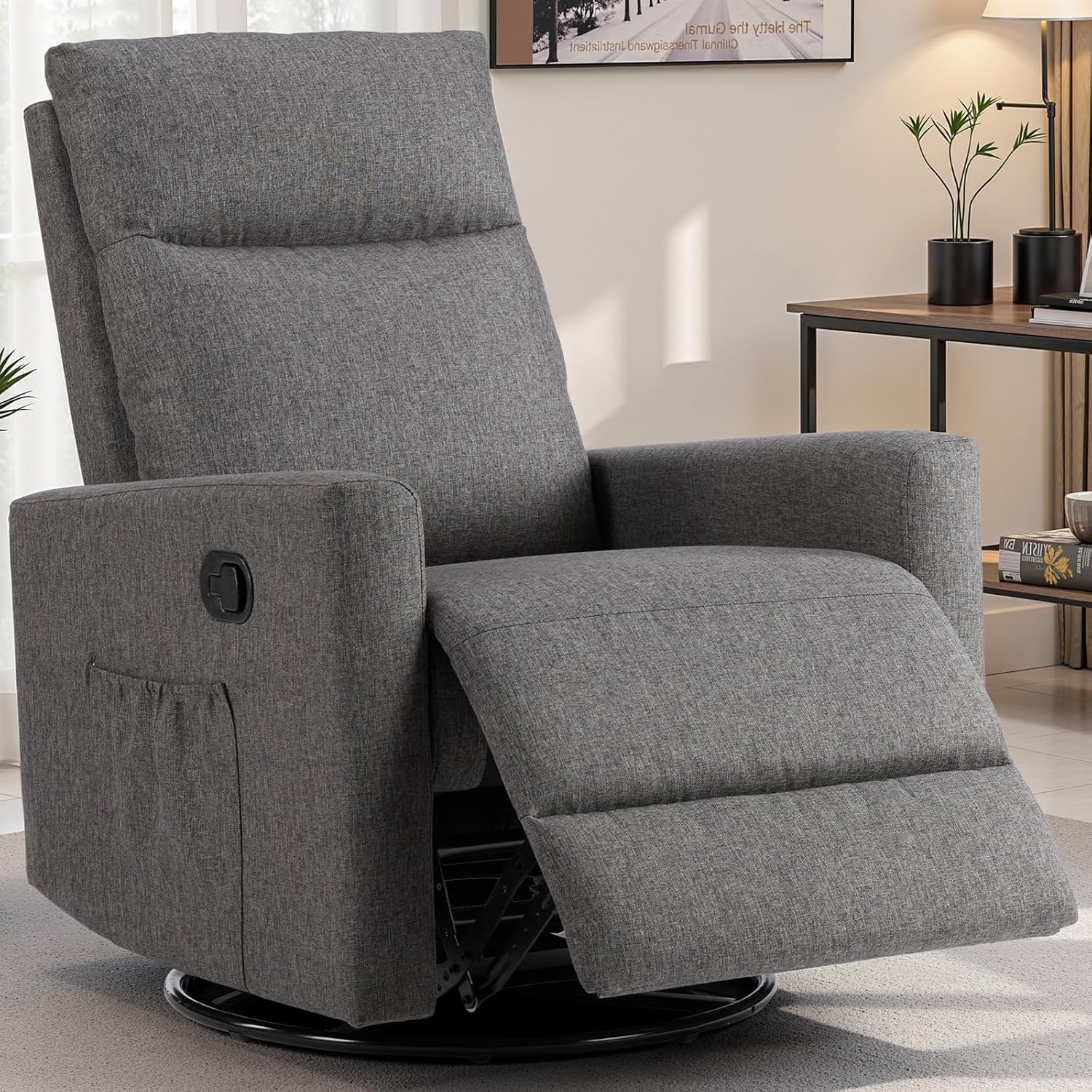 Swivel Rocking Recliner Chair with Extra Large Footrest High Back, Upholstered Glider Nursery Chair for Living Room, Bedroom & Nursery, Comfortable Deep Seat for Relaxation, Grey