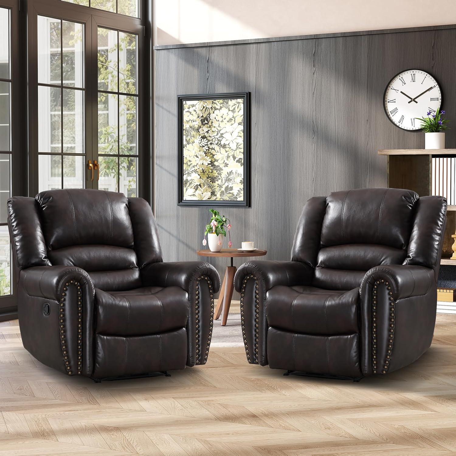 CANMOV Leather Recliner Chair, Classic and Traditional Manual Recliner Chair with Comfortable Arms and Back Single Sofa for Living Room, Nut Brown