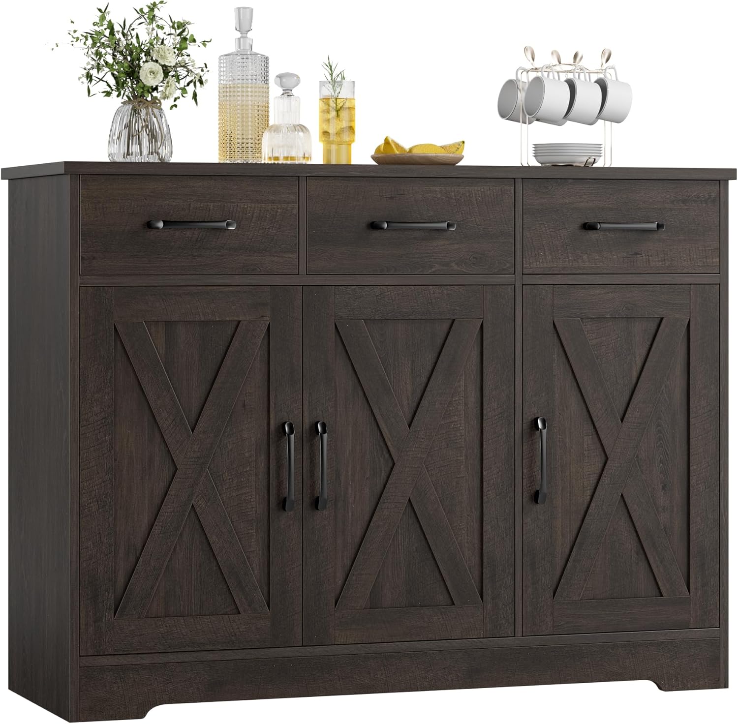 HOSTACK Modern Farmhouse Sideboard Buffet Cabinet, Barn Doors Buffet Storage Cabinet with Drawers and Shelves, Wood Coffee Bar with Storage for Kitchen, Dining Room, Living Room, White