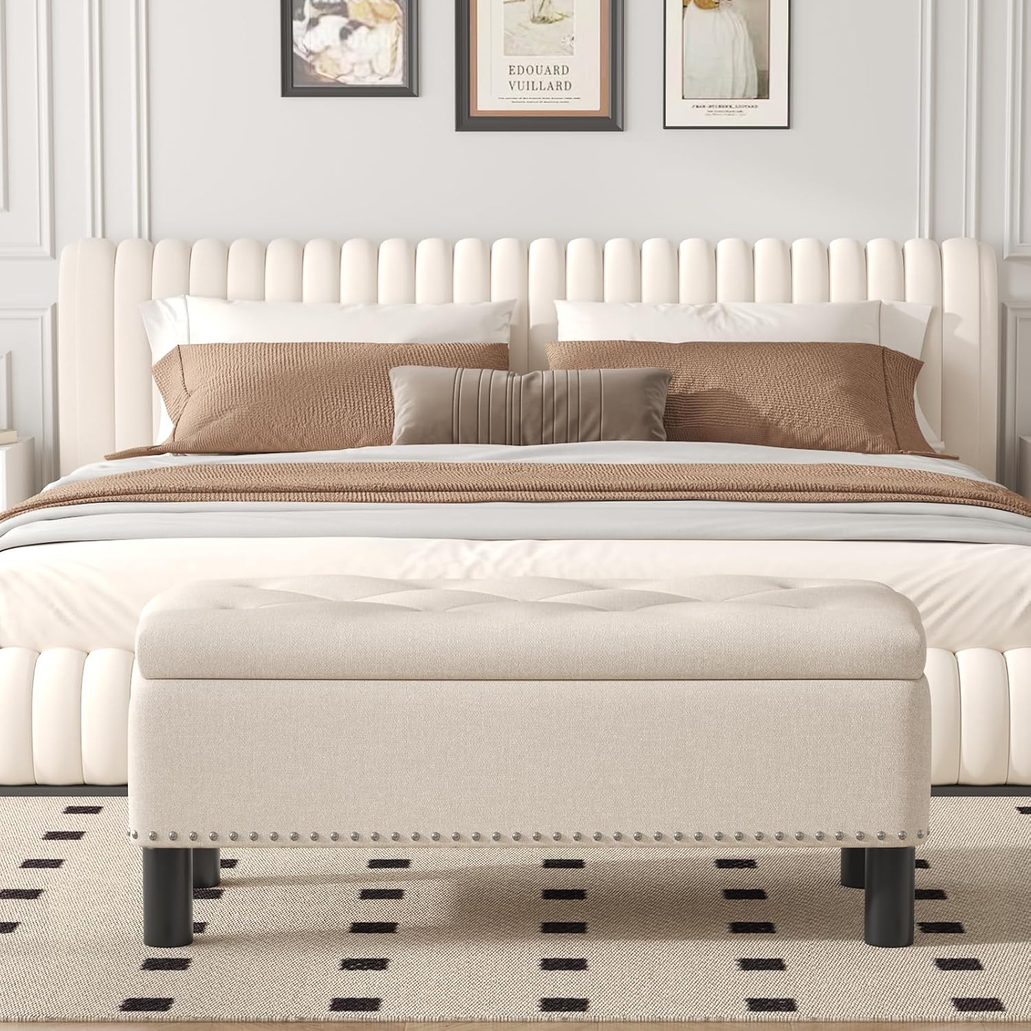 Furniliving Modern Storage Ottoman Bench, Sherpa Ottoman End of Bed Bench with Solid Wood Legs Upholstered Ottoman Benches with Storage Indoor Bench for Living Room with Rolled Arm, Entryway, White