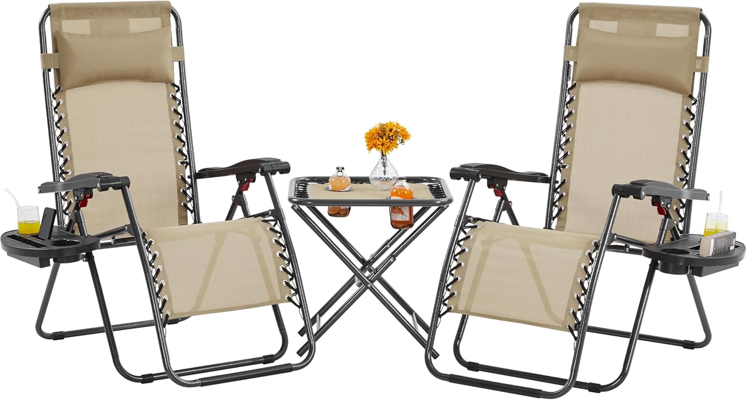 Yaheetech 3PCS Zero Gravity Recliner Portable Outdoor Reclining Chair Set w/Side Table Folding Chaise Lounge Chairs for Patio Beach Deck Garden Pool Beige