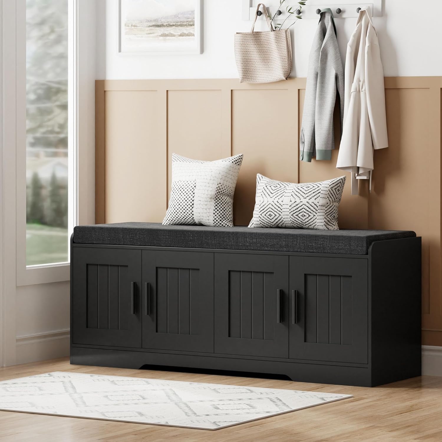 2-Tier Storage Bench, Shoe Bench with Thickened Padded Seat Cushion, Entryway Bench with 4 Doors, Adjustable Shelf, 13.8" D x 45.3" W x 18.5" H, for Entryway, Living Room, Bedroom, White