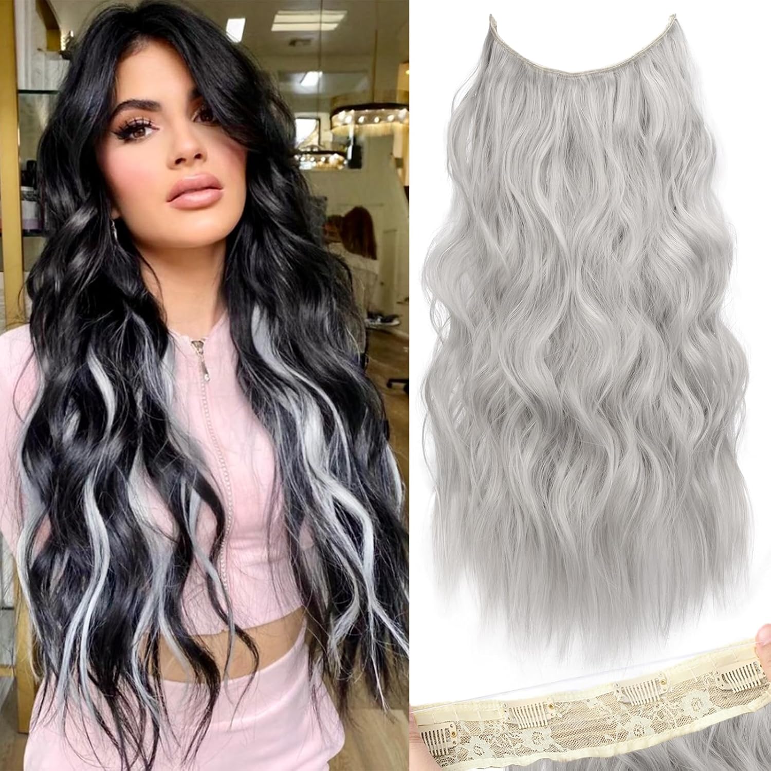 Invisible Wire Hair Extensions with Transparent Headband Adjustable Size 4 Secure Clips Long Wavy Secret Wire Hairpiece 20 Inch Grey/Sliver Mixed for Women