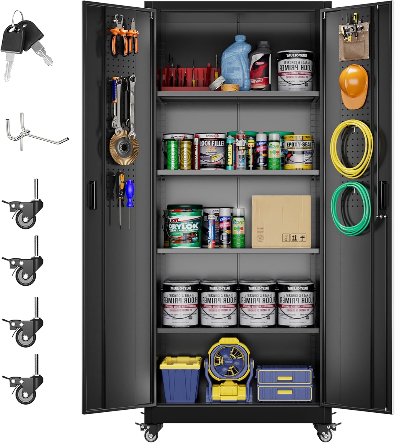 Aobabo 73''H Metal Garage Storage Cabinet with Wheels,Steel Cabinets with 2 Doors and 4 Adjustable Shelves for Home Office,Required Assembly,Black