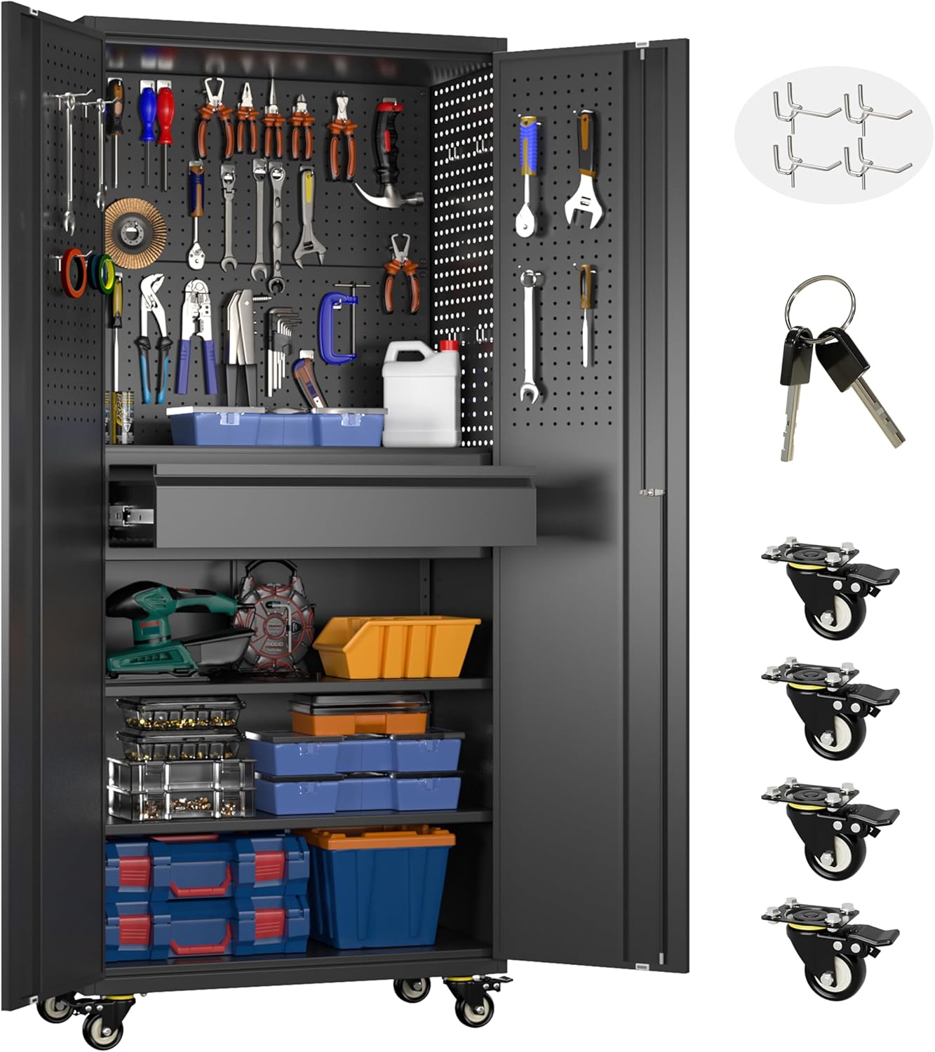 Aobabo 73''H Metal Garage Storage Cabinet with Wheels,Steel Cabinets with 2 Doors and 4 Adjustable Shelves for Home Office,Required Assembly,Black