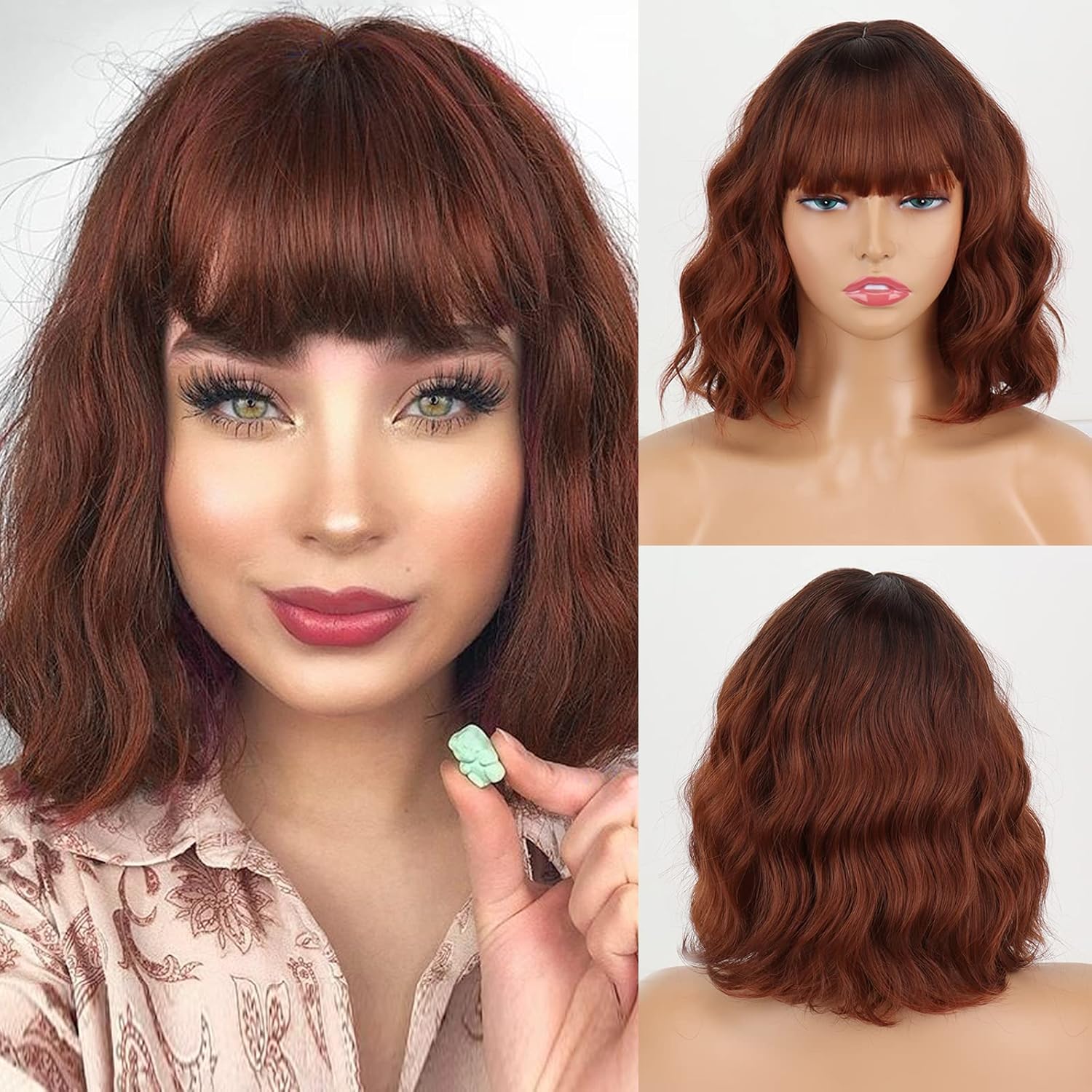 Short Wavy Black Wig with Bangs Bob Wig Synthetic Natural Looking Wigs