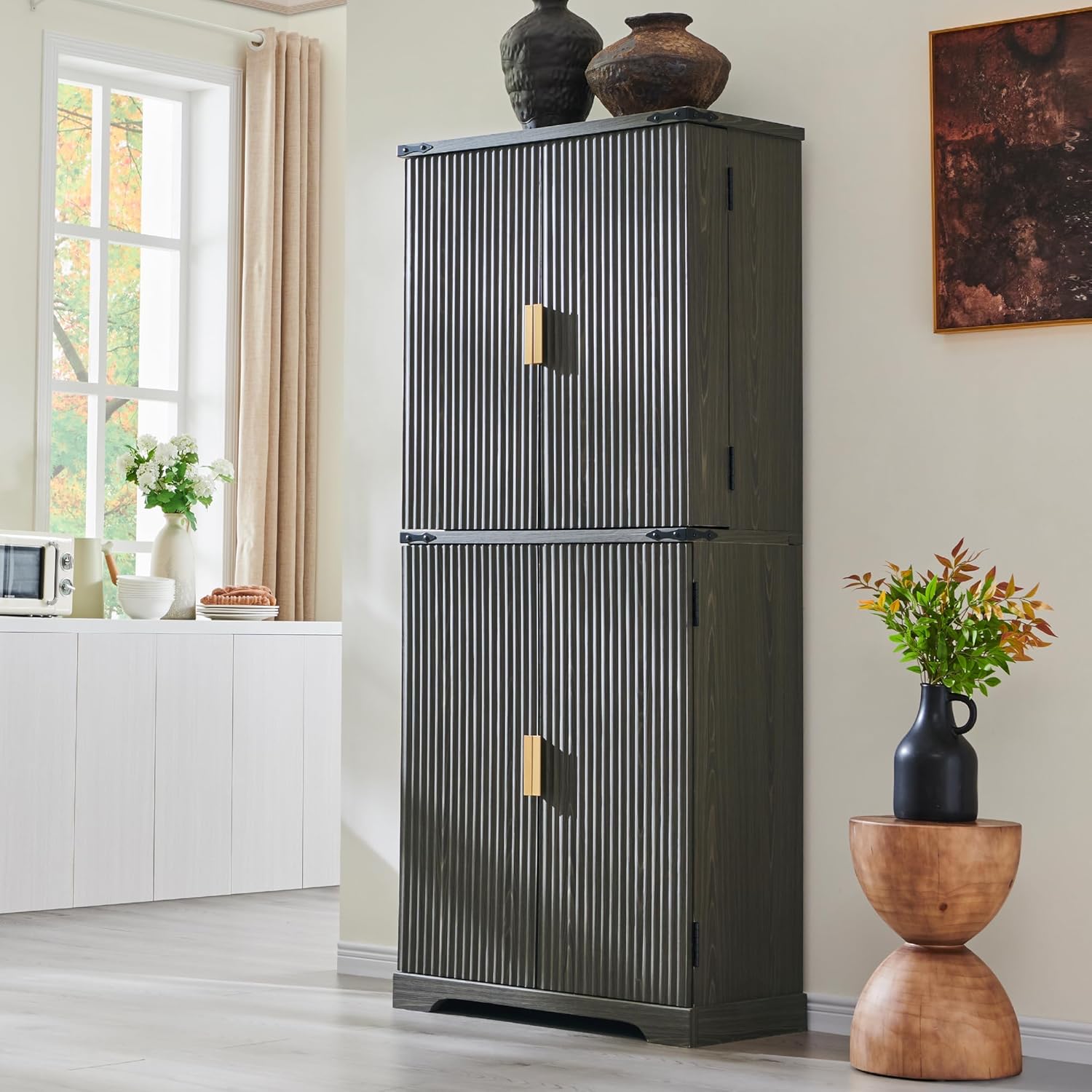 Fluted Pantry Cabinet, 72" Tall Modern Storage Cabinet with 4 Doors, Organizer, Drawer and Adjustable Shelves, Wood Cupboard for Kitchen, Dining Room, Living Room and Bathroom, Natural Oak
