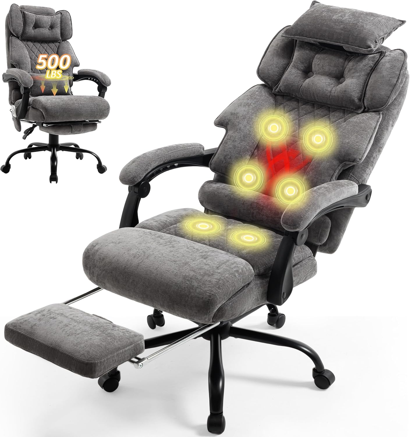 Massage Office Chair with Foot Rest,6 Points Vibration & Heat Executive Office Chairs,Big and Tall Leather Office Chair 500LBS,Ergonomic Desk Chair for Heavy People,Recliner with Dual-Use Pillow,Black