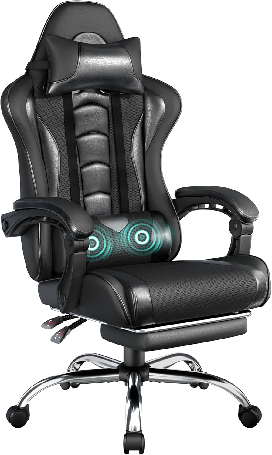 Yaheetech Gaming Chair, Video Game Chair with Massage Lumbar Support and Footrest Height Adjustable Ergonomic Computer Gaming Chair with Swivel Seat and Headrest, Black/White