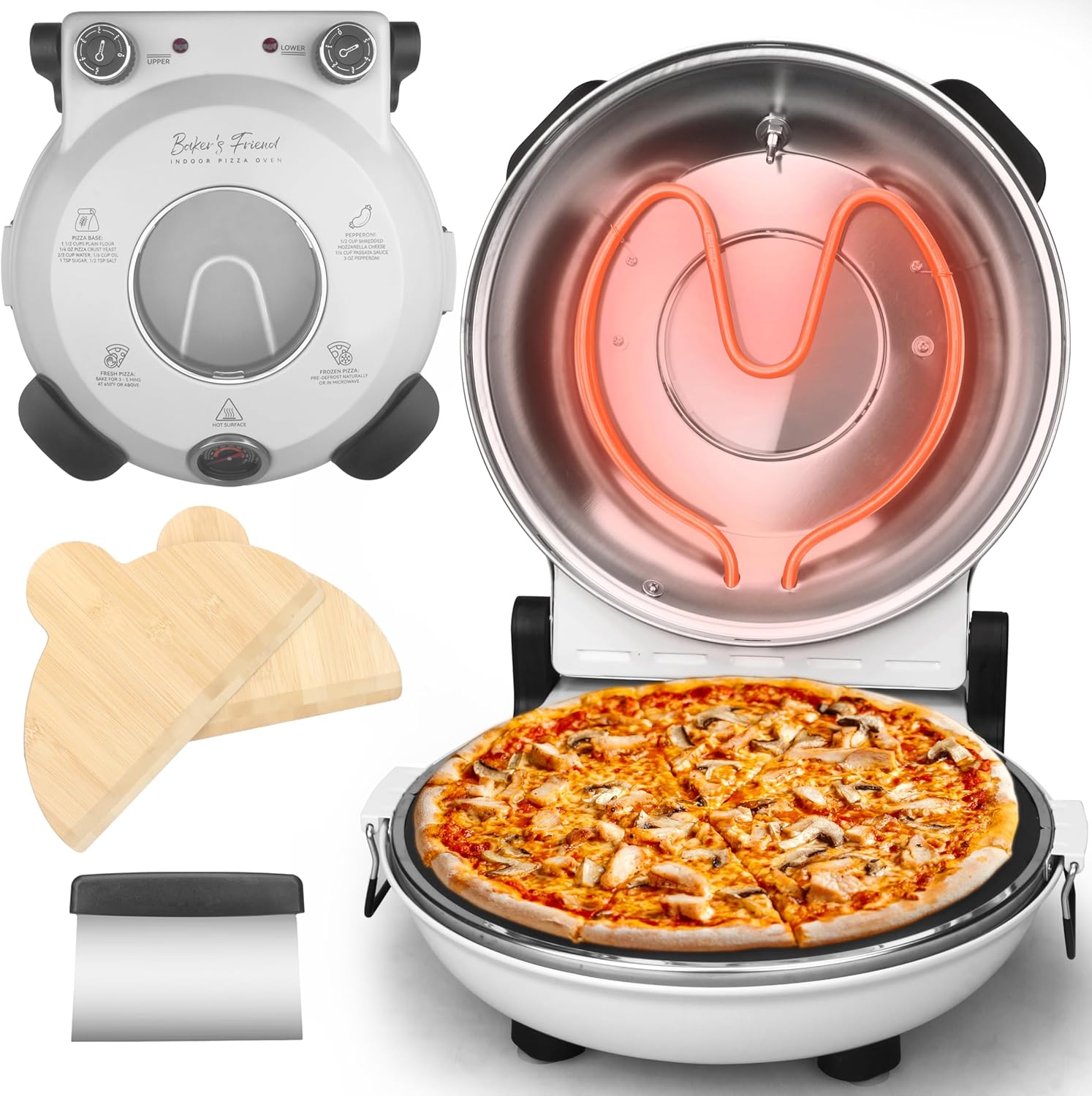 Baker’s Friend Electric Pizza Oven Indoor Countertop, 12 Inch Pizza Maker Machine for Home, Pizza Cooker & Pizza Grill, Premium Glazed Ceramic Stone Pizza Oven, Chilli Red