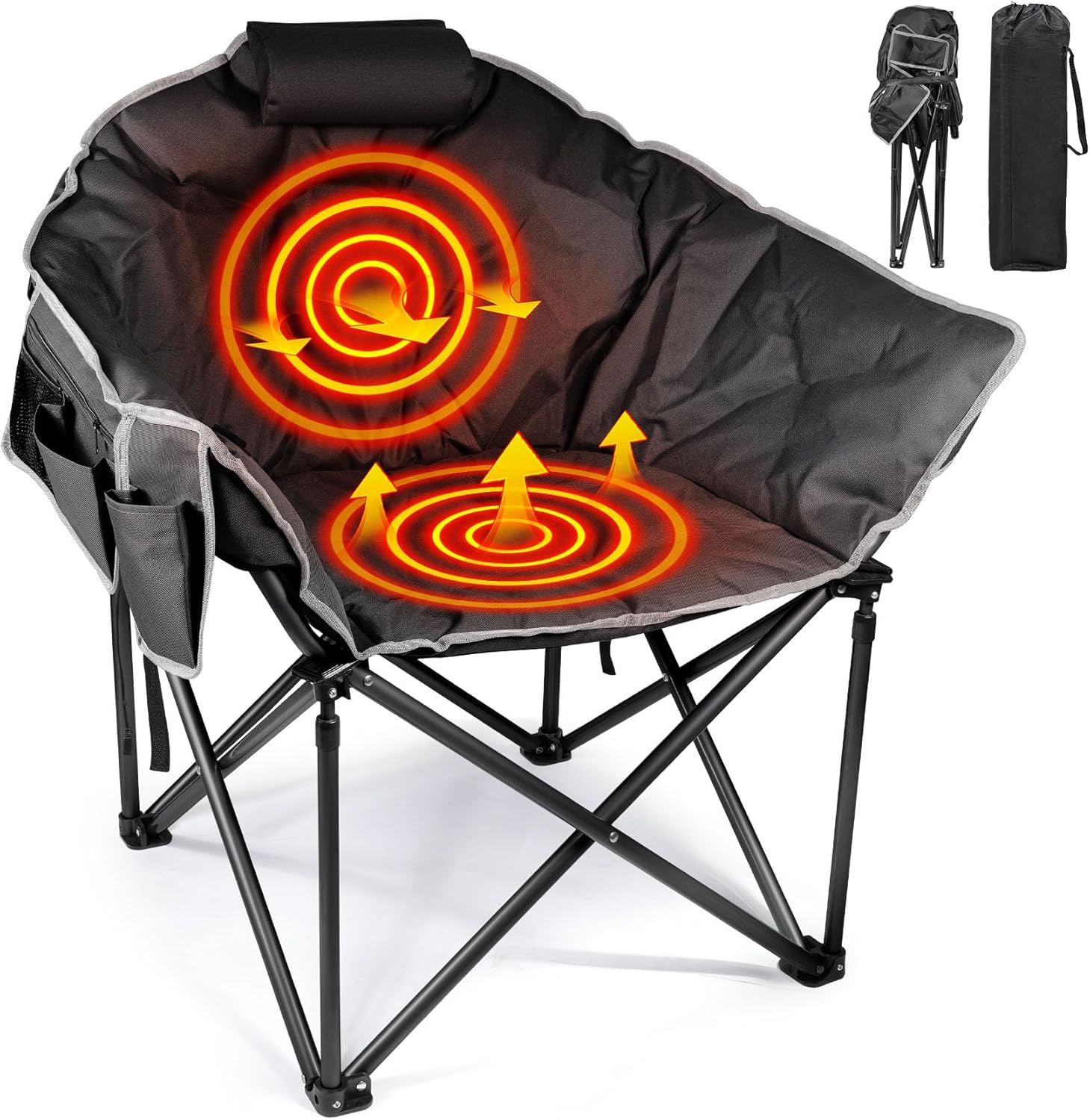 Suteck Heated Camping Chair, Oversized Heated Chairs Outdoor Sports W/3 Heat Levels for Back & Seat, Portable Folding Heated Outdoor Chair for Patio Travel, (Battery NOT Included)