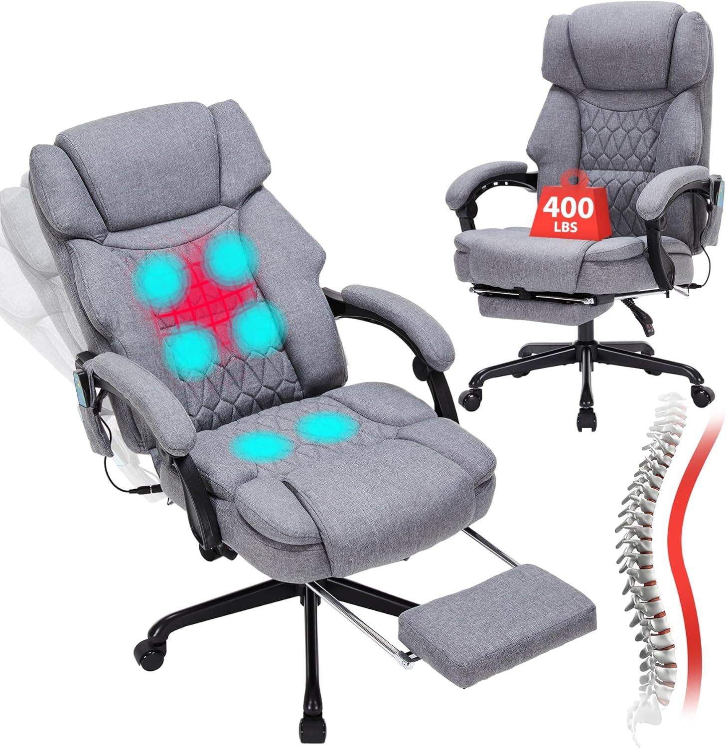 Massage Office Chair with Foot Rest 6 Points Vibration and Heat Home Office Desk Chairs for Heavy People 400lbs Reclining Managerial Chairs Ergonomic Executive Chair (Cream)