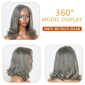12" Glueless Wavy Bob Wigs Salt and Pepper Human Hair Wigs Pre Plucked Grey Wig - Wigtrends