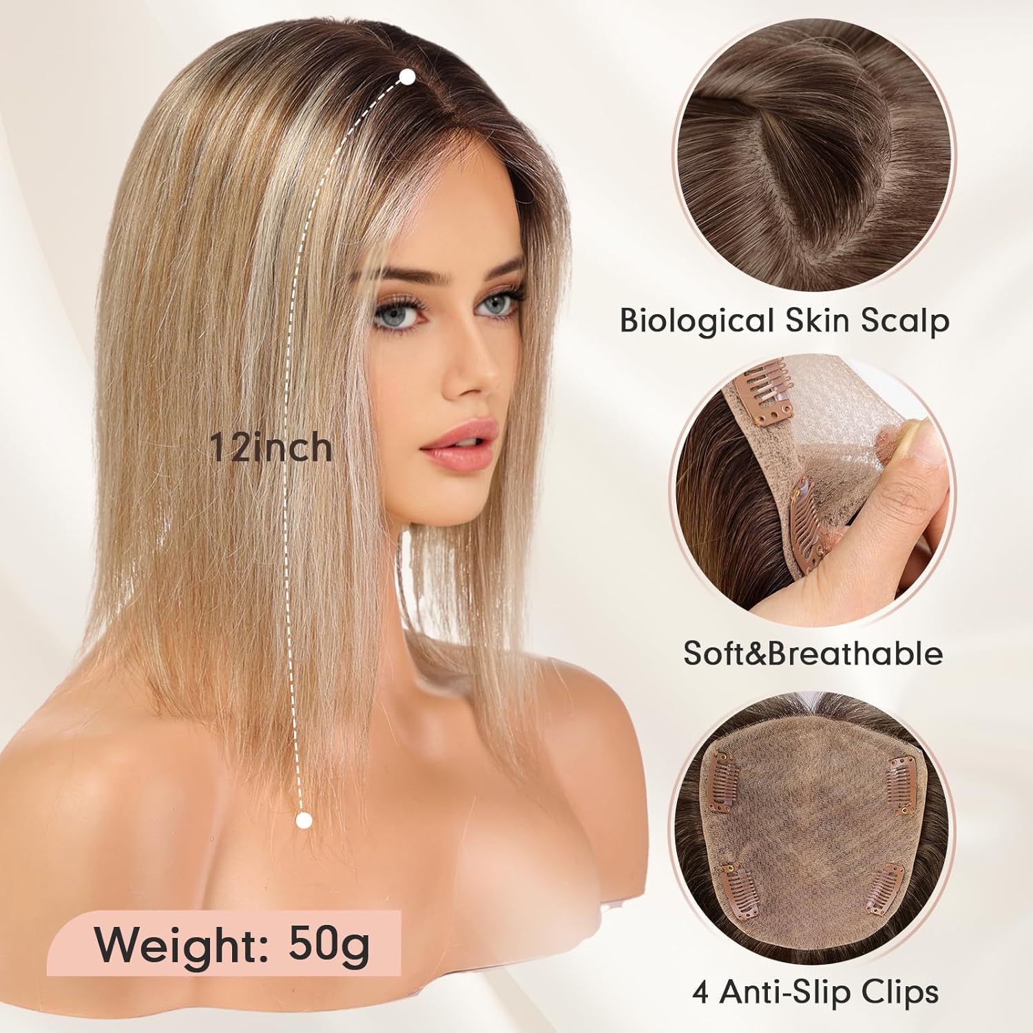 Hair Toppers for Women Real Human Hair 5"*5.5"Large Coverage Brown with Blond Highlight Hair Topper No Bangs - Wigtrends