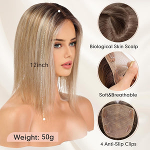 Hair Toppers for Women Real Human Hair 5"*5.5"Large Coverage Brown with Blond Highlight Hair Topper No Bangs - Wigtrends