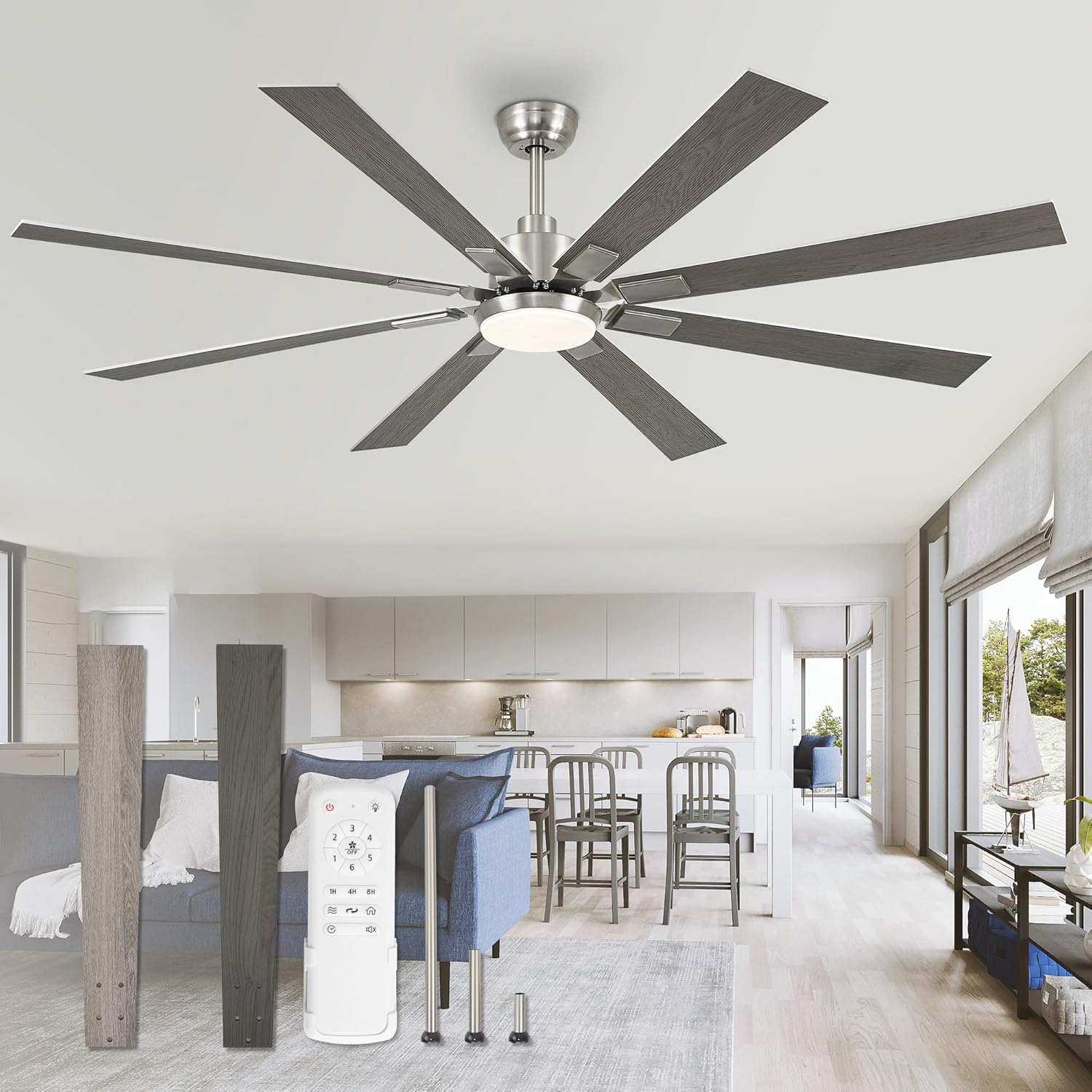 ZMISHIBO 72 inch Large Ceiling Fans with Lights and Remote, Indoor/Outdoor Black Modern Ceiling Fan for Kitchen Living Room Patio, 6 Speed Reversible Quiet DC Motor, 3 CCT, Dual Finish 8 Blades