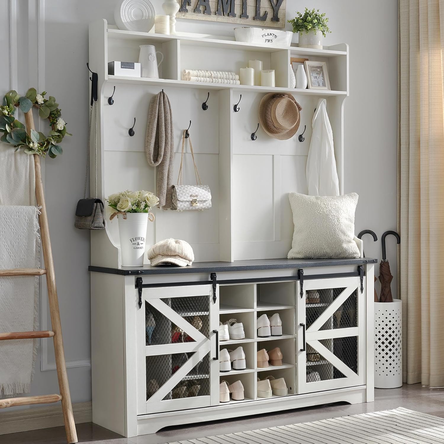 JXQTLINGMU 59" Farmhouse Hall Tree with Shoe Storage, Entryway Bench with 20 Cubbies, 12 Hooks & Sliding Barn Doors, Mudroom Coat Rack Cabinet, Off White