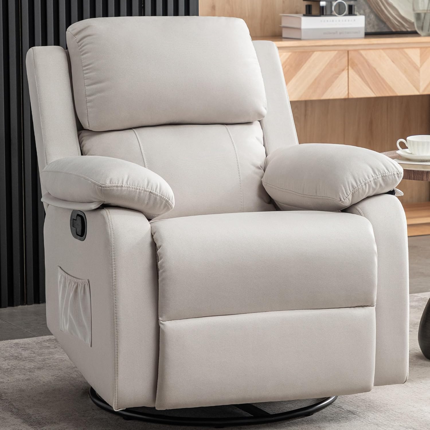 Recliner Chair, 360 Swivel Rocker Chair for Adults, Small Rocking Recliner for Small Spaces, Upholstered Fabric Glider Recliner Nursery Chair with Side Pockets for Living Room, Nursery