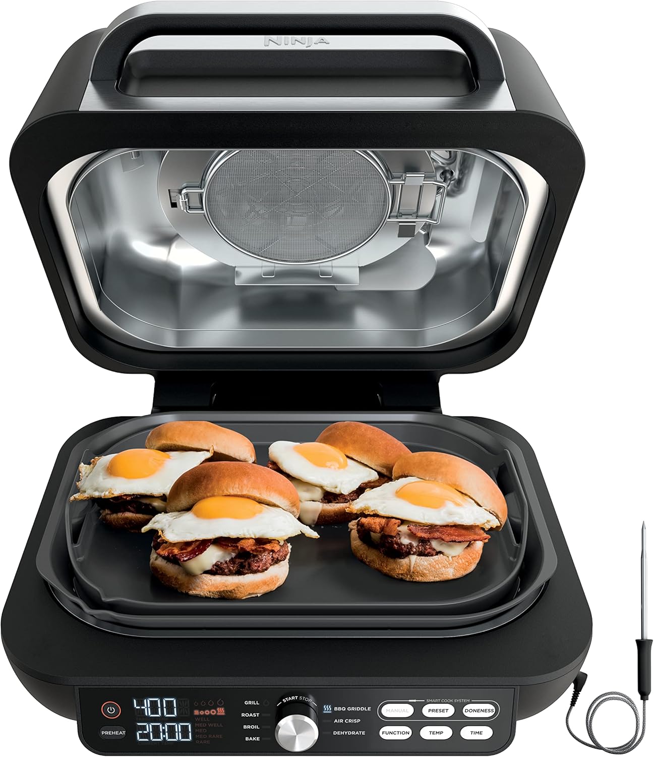 Ninja Indoor Grill, Foodi Smart XL 6-in-1 Indoor Grill with Air Fry, Roast, Bake, Broil & Dehydrate, Smart Thermometer, Black/Silver, FG551