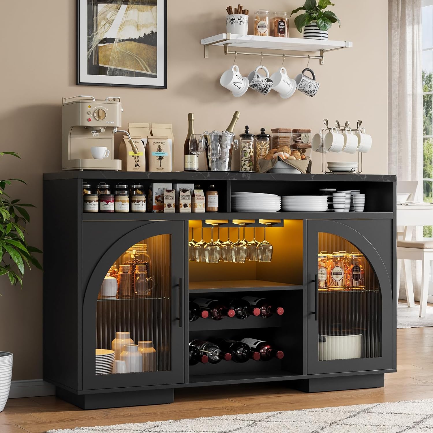 Sideboard Buffet Cabinet, 54" Kitchen Cabinet with LED Lights & Arched Glass Doors, Tall Bar Cabinets with 2 Adjustable Shelves, Wine Rack & Storage Table for Dining Room, Black