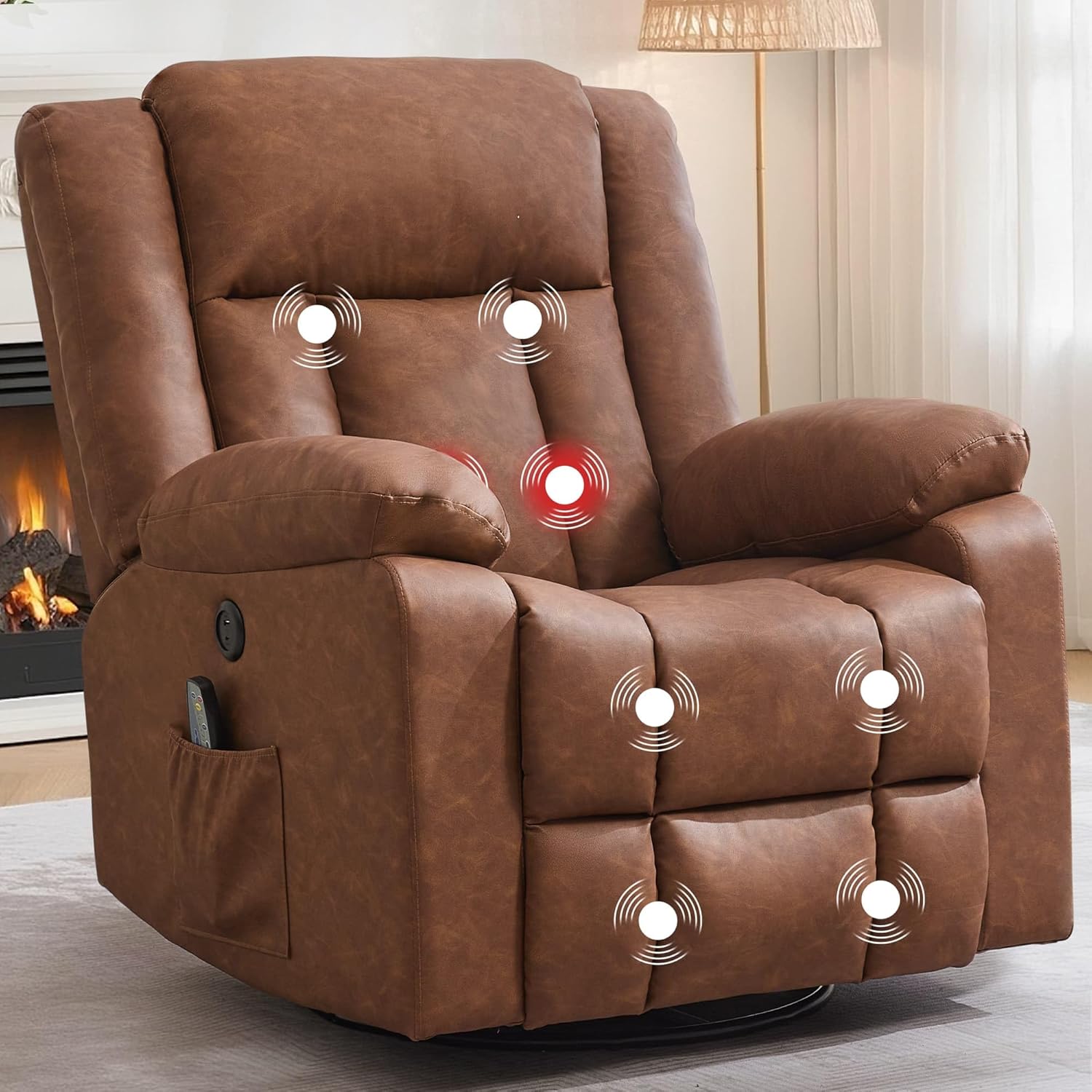 Rocker Recliner, Glider Recliner Chairs for Adults, 360° Swivel Rocking Chair with Massage and Heating, Nursery Chair with Storage and USB Charging for Living Room, Bedroom, Nursery