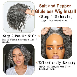 12" Glueless Wavy Bob Wigs Salt and Pepper Human Hair Wigs Pre Plucked Grey Wig - Wigtrends